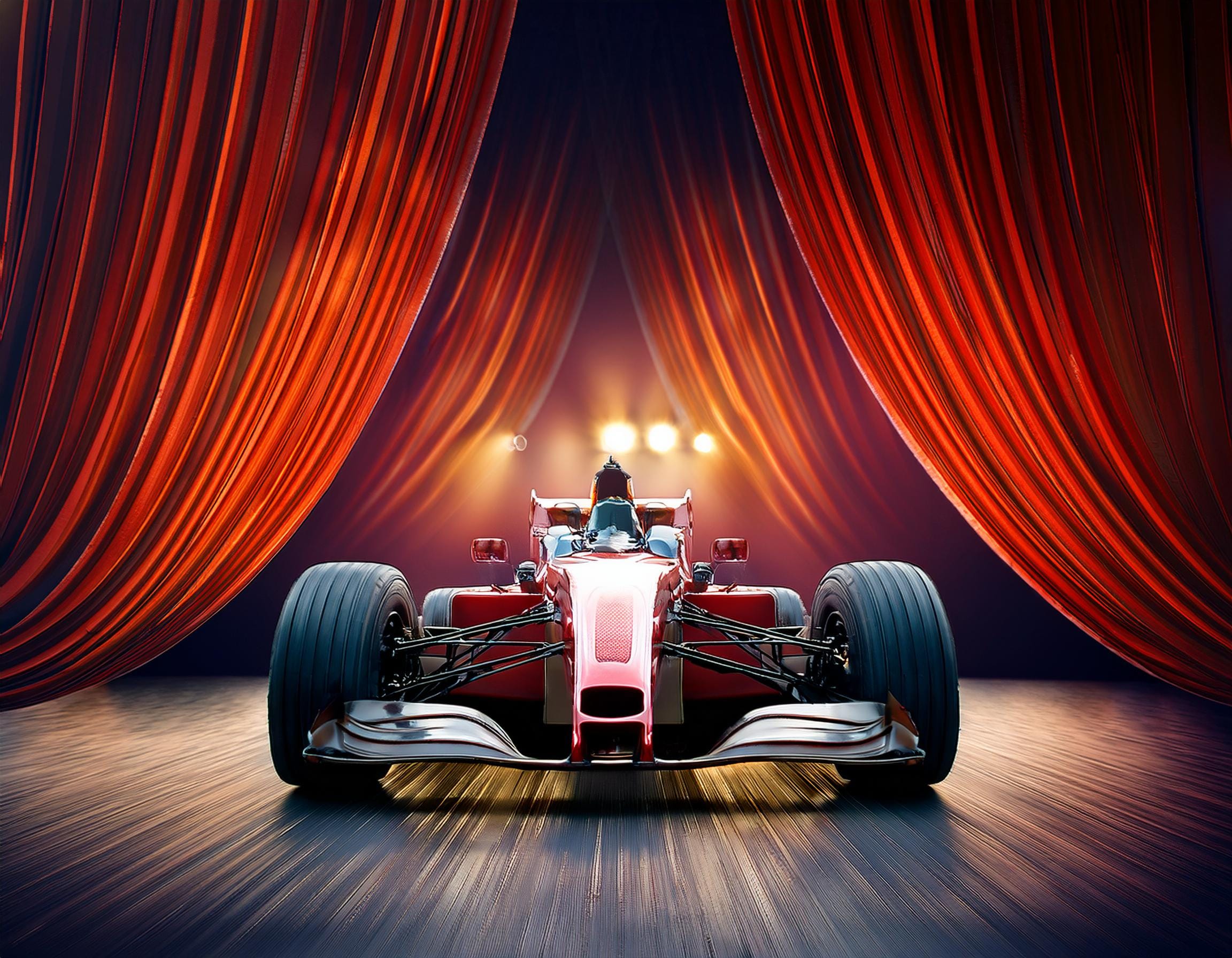 Race car on stage with drawn curtains